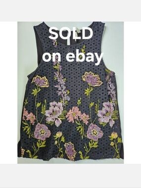 M anthropologie meadow rue Black Eyelet Floral Embroidered sleeveless top Spring